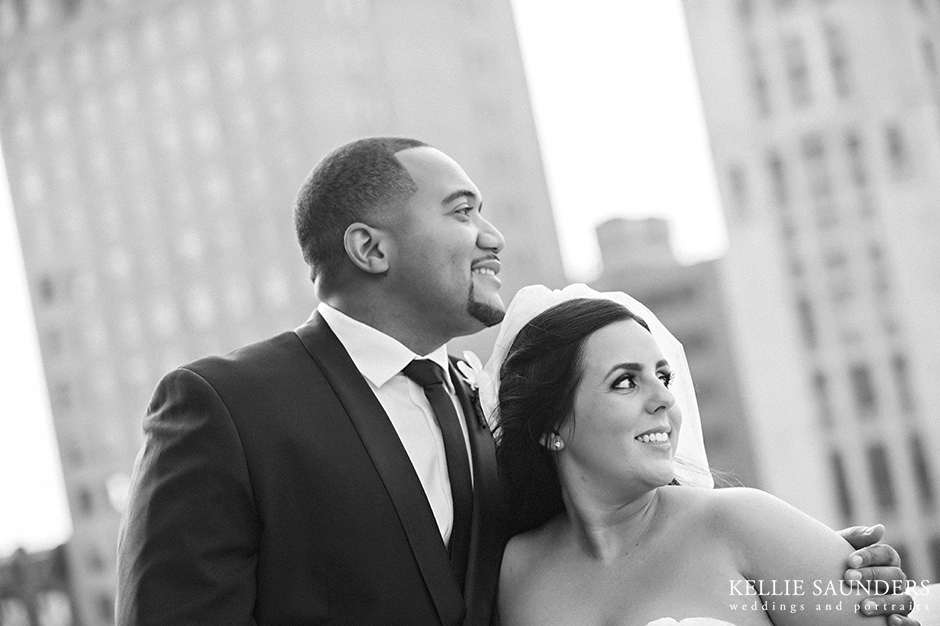 Mixed couple bridal portrait, Detroit bridal portraits, Madison Building rooftop portraits,